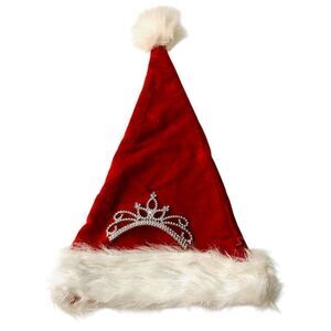 Red Santa Hat with Rhinestone Crown Tiara – Adult Size Holiday Christmas Hat, OS